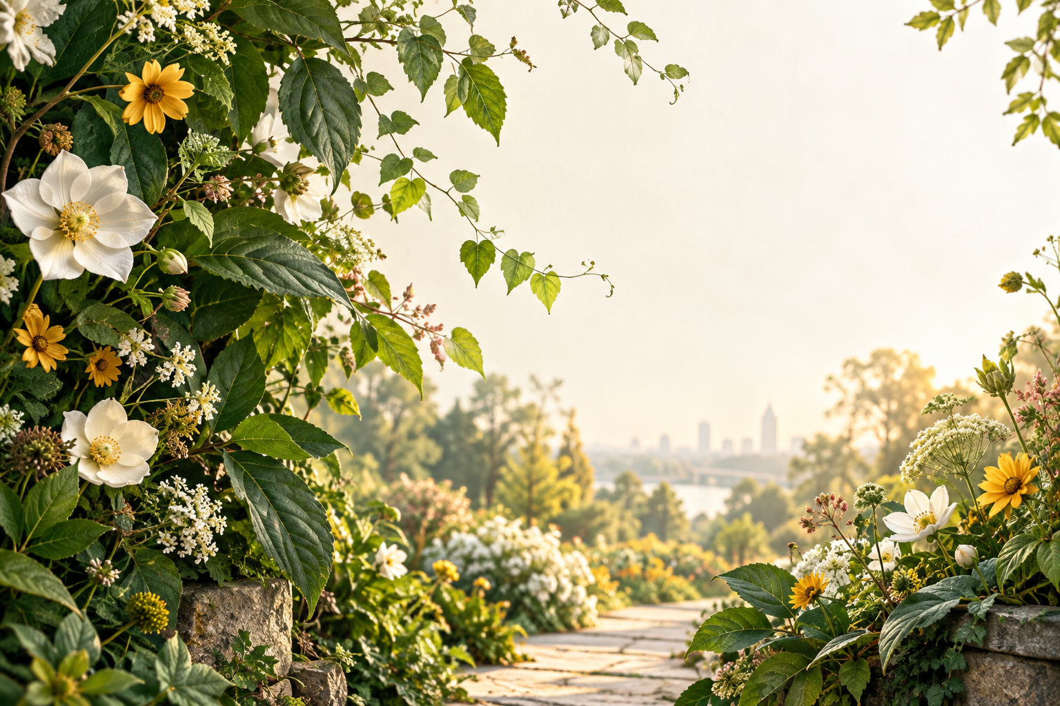 A sunlit garden path framed by lush green leaves and white and golden flowers