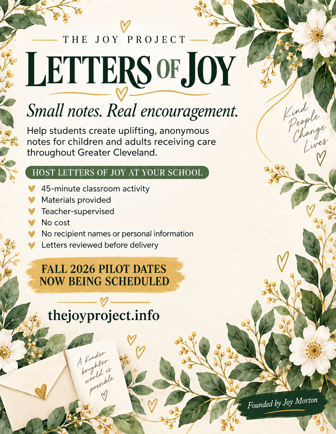 Centered Letters of Joy school outreach flyer with details for the 45-minute classroom activity